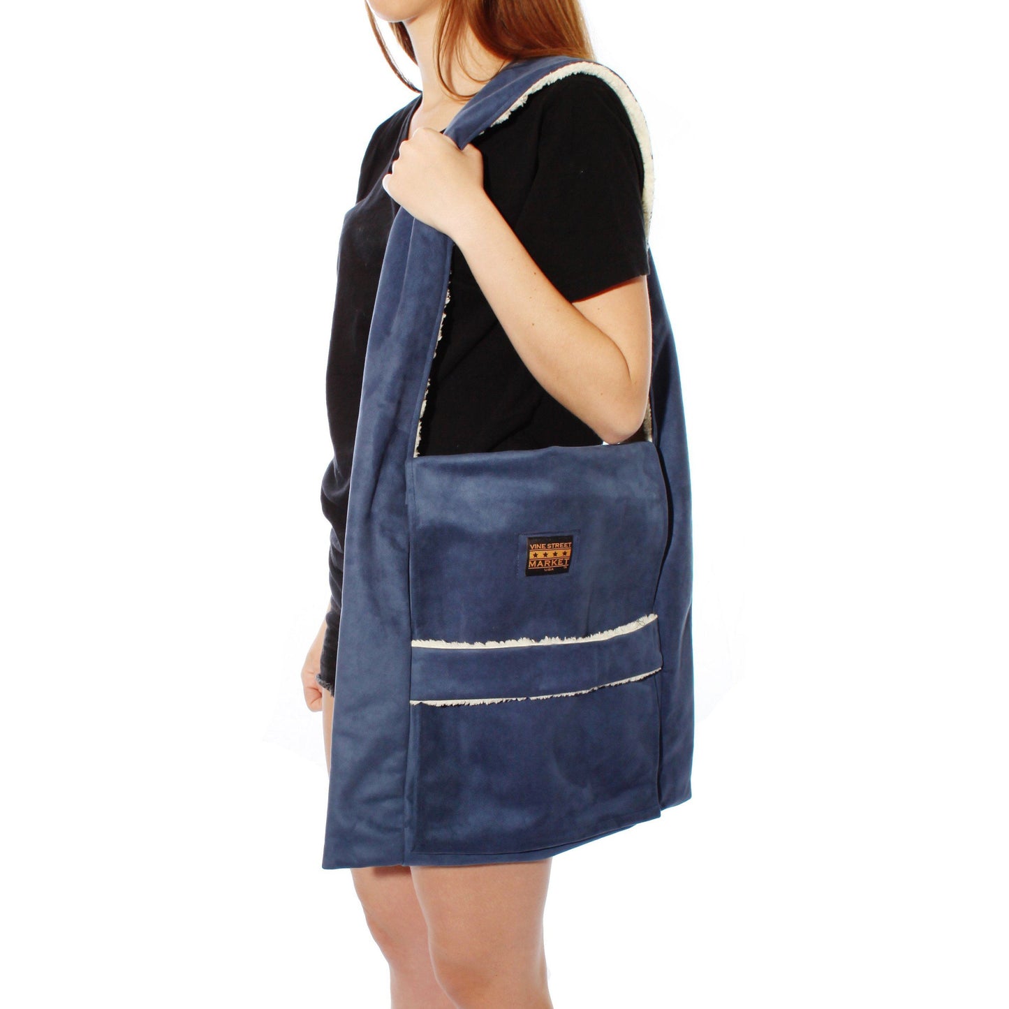 Vine Street Market USA Fold-Over Navy Carryall Vegan Suede Bag Shoulder Messenger Tote