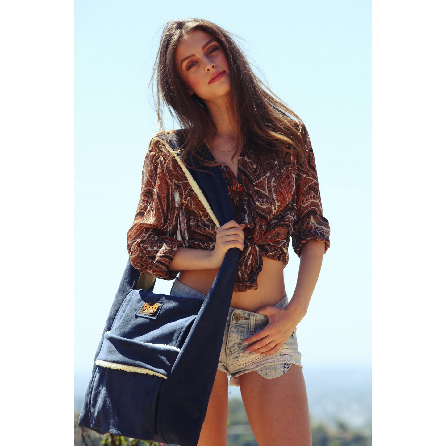 Vine Street Market USA Fold-Over Navy Carryall Vegan Suede Bag Shoulder Messenger Tote