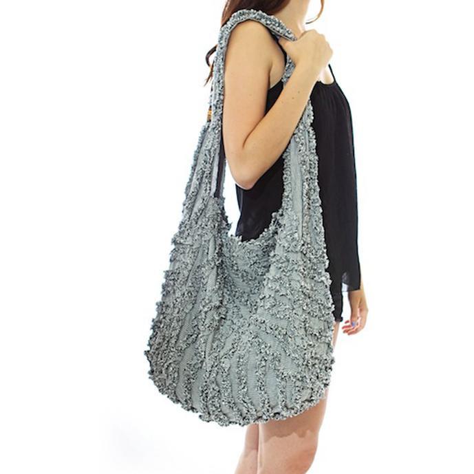Vine Street Market USA Organic Washed Cotton Denim Chinchilla Vegan Fur Shoulder Bag Tote