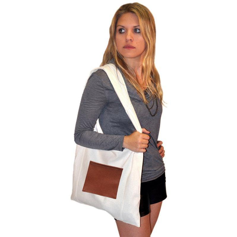 Vine Street Market USA White Linen Everyday Carryall Shoulder Tote with Tan Vegan Leather Pocket
